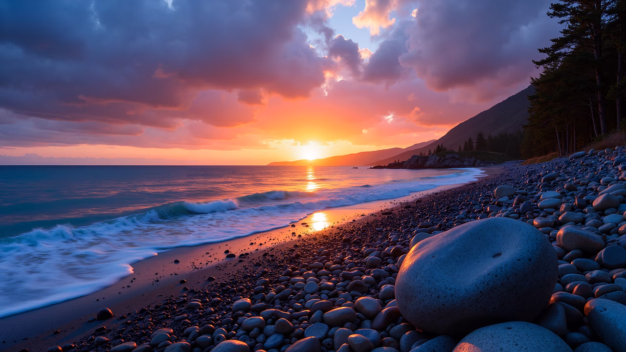 Vibrant sunset beach illustration featuring pebbles and a smooth rock, evoking tranquility and natural beauty.