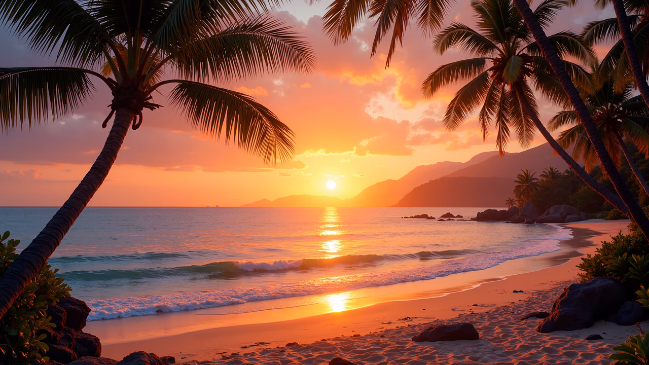 A tranquil sunset beach scene with palm trees and a calm ocean, featuring warm hues and gentle waves.