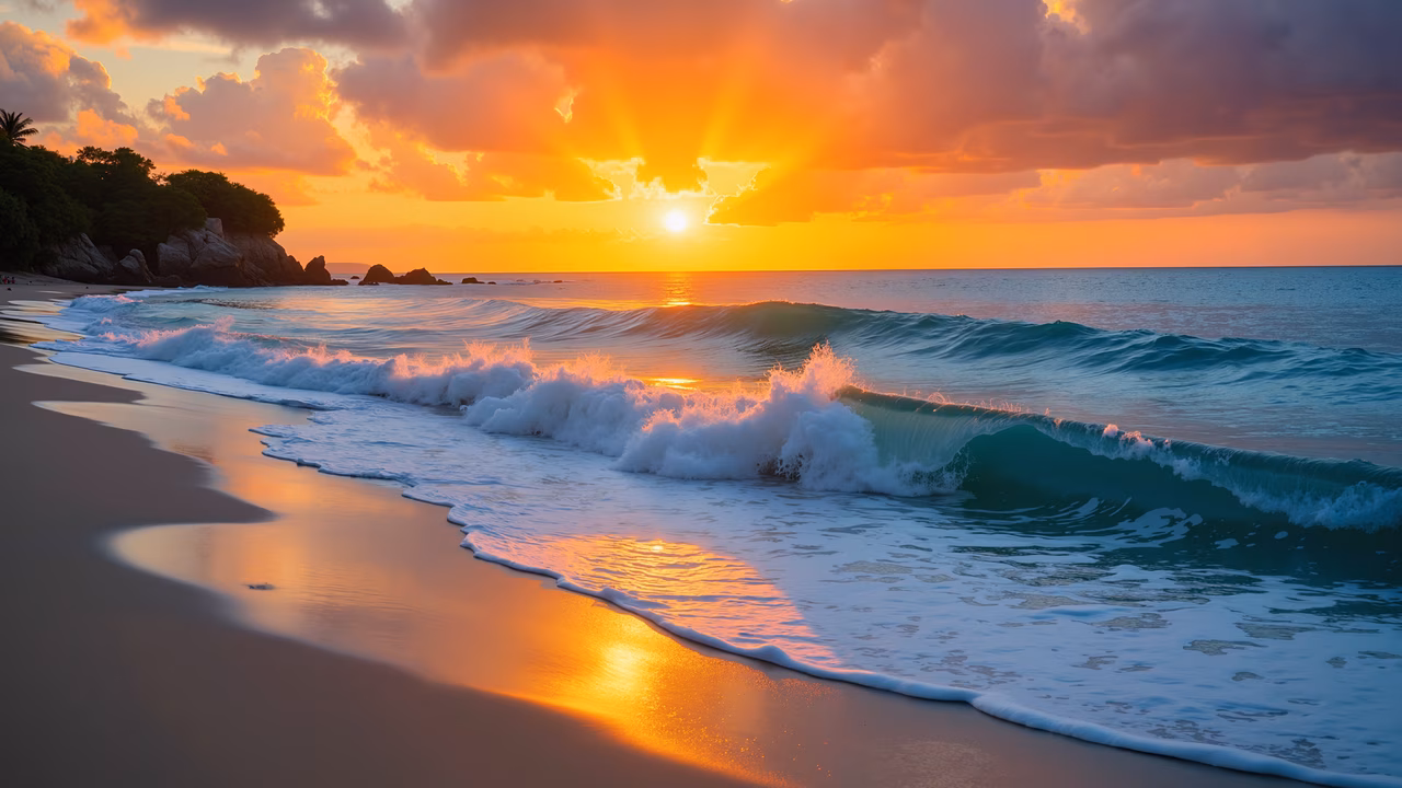 Vibrant sunset beach illustration with dynamic waves and tranquil ocean