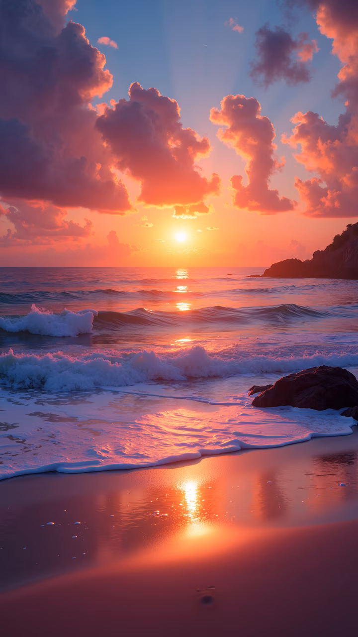 Vibrant sunset beach illustration with warm hues and serene atmosphere
