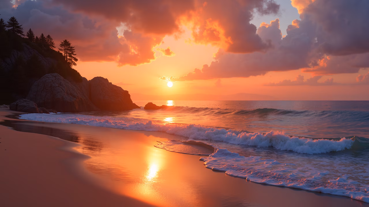 A tranquil sunset beach scene with warm hues and gentle waves, perfect for nature enthusiasts and art lovers.