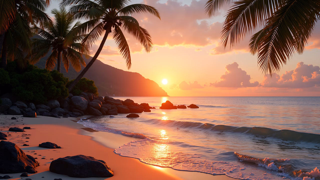 A peaceful sunset beach with palm trees, rocks, and gentle waves in warm orange and pink tones.