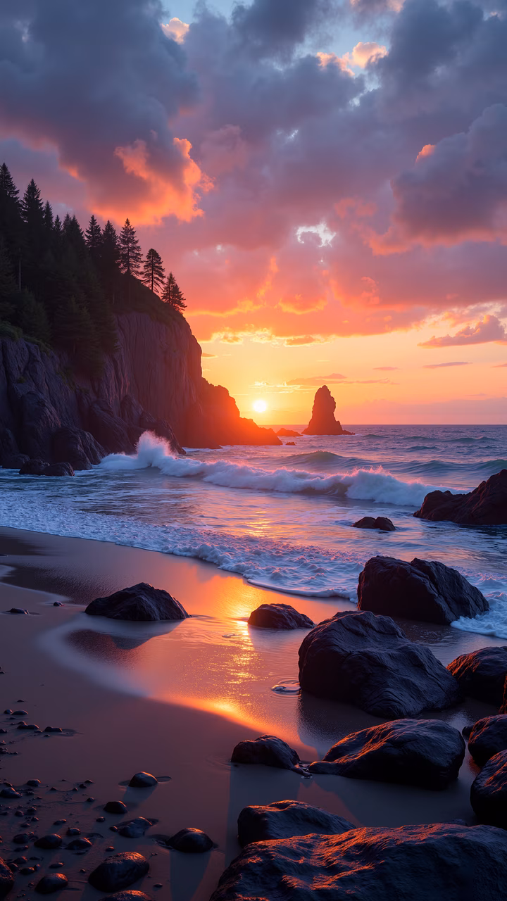 Vibrant sunset beach illustration featuring rugged cliffs, towering trees, and a solitary rock formation.