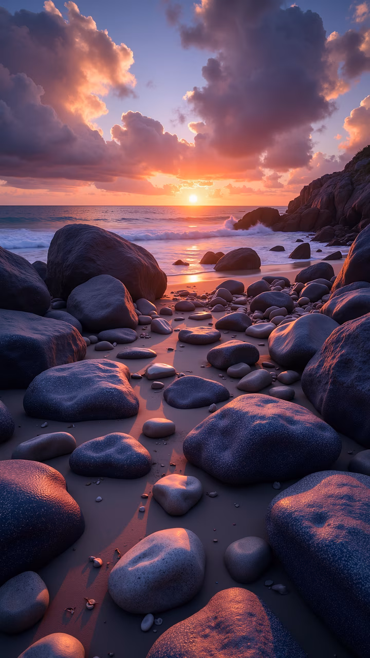 A tranquil sunset beach scene with large, textured rocks and vibrant colors.