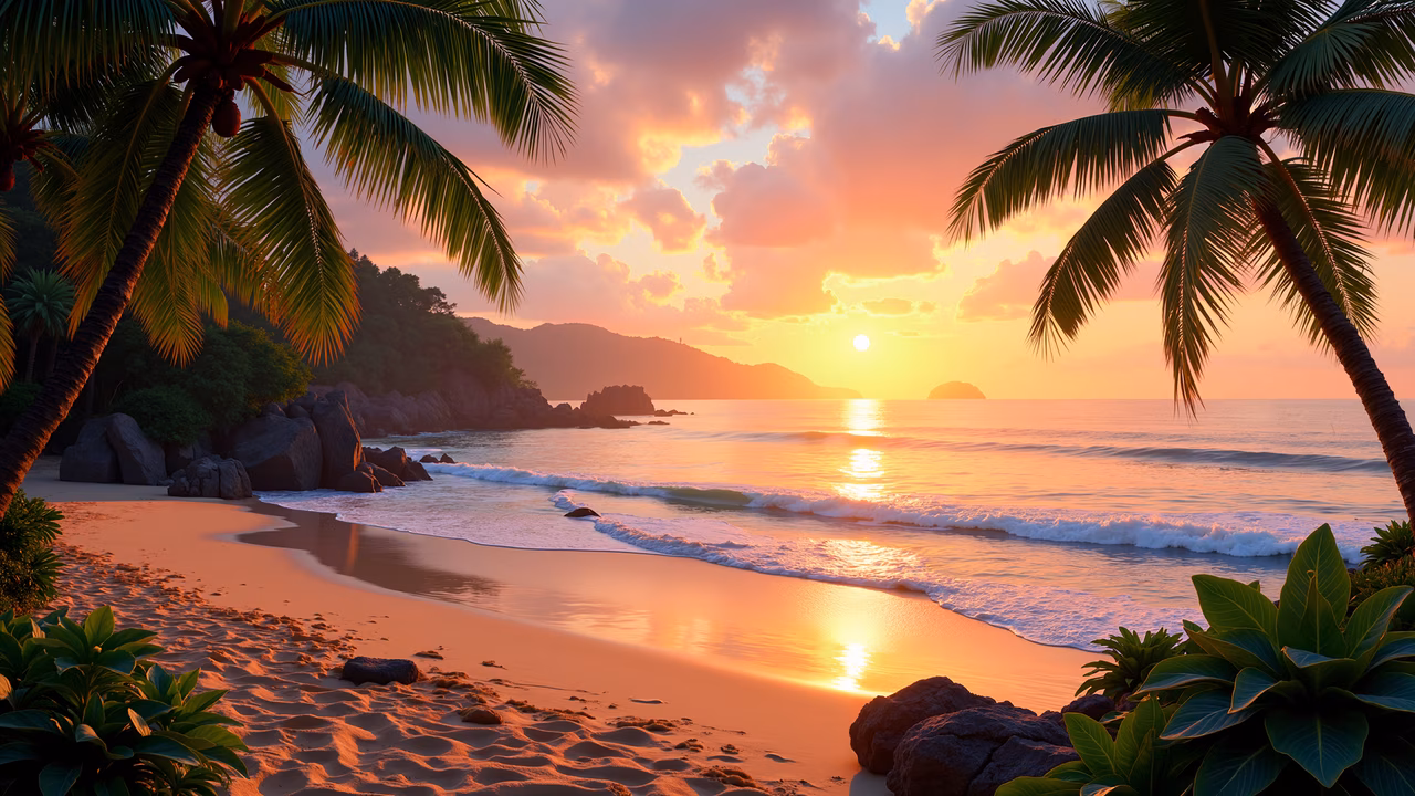 A tranquil sunset beach scene with palm trees and gentle waves, perfect for relaxation and escape.