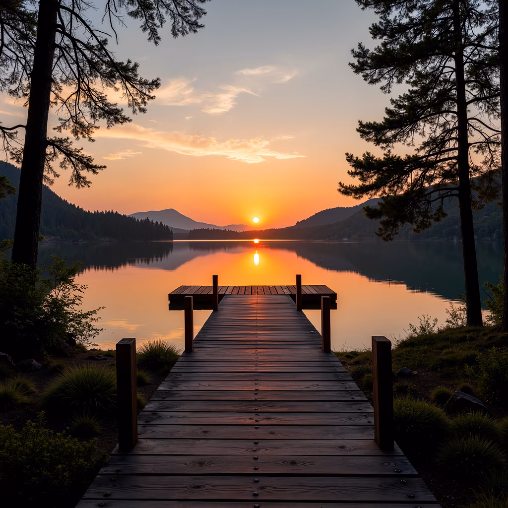 A peaceful sunset over a wooden dock with vibrant reflections in a tranquil lake.