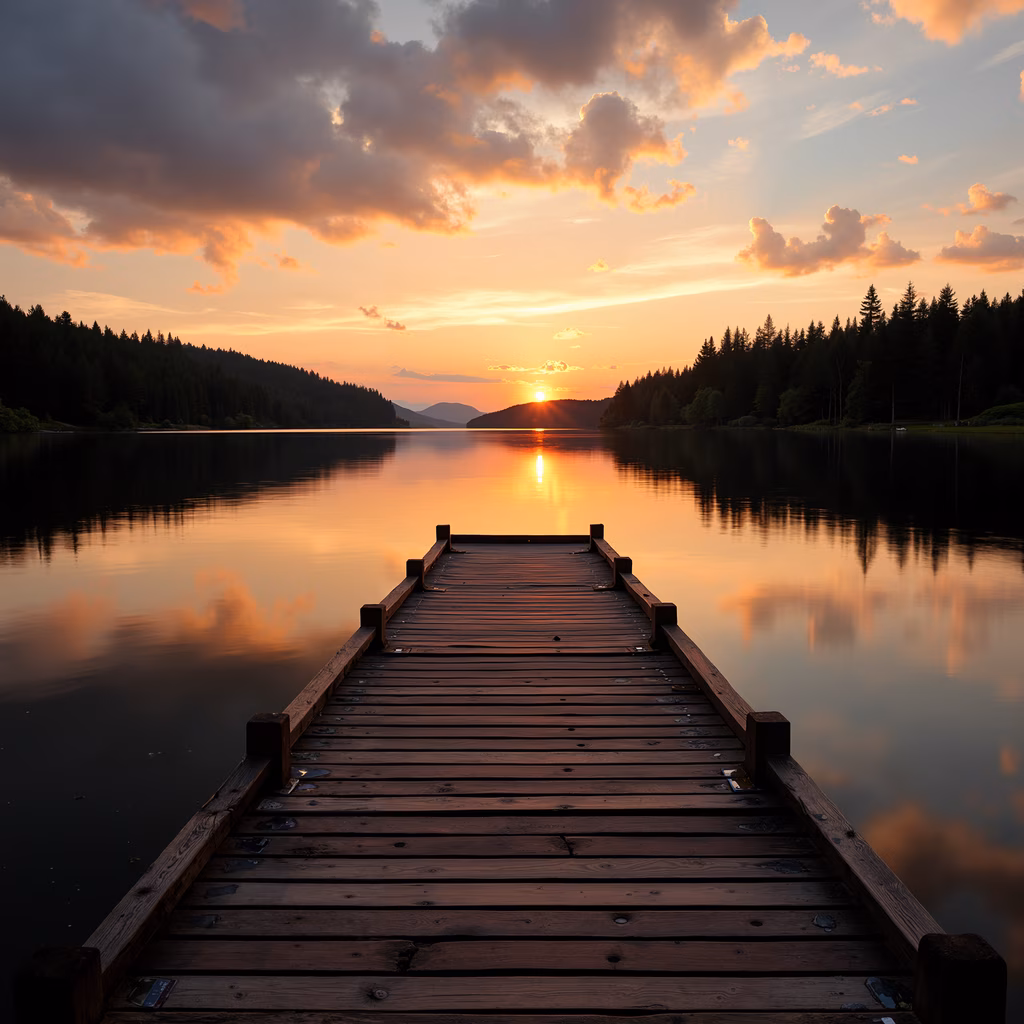 A tranquil sunset scene with a wooden dock, forested hills, and a calm lake.