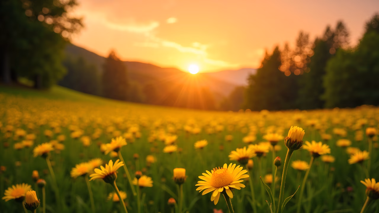 Sunset, field, flowers, nature, tranquility, beauty, dusk