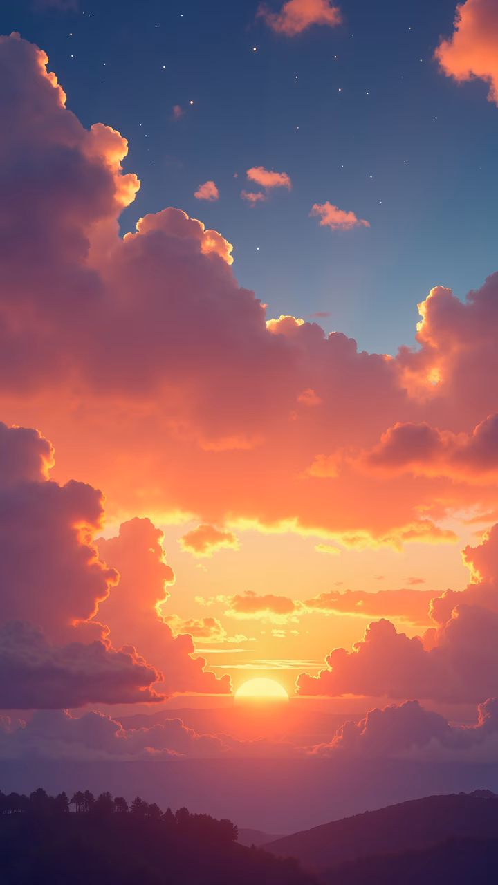 Vibrant sunset illustration with soft clouds and tranquil horizon silhouettes.
