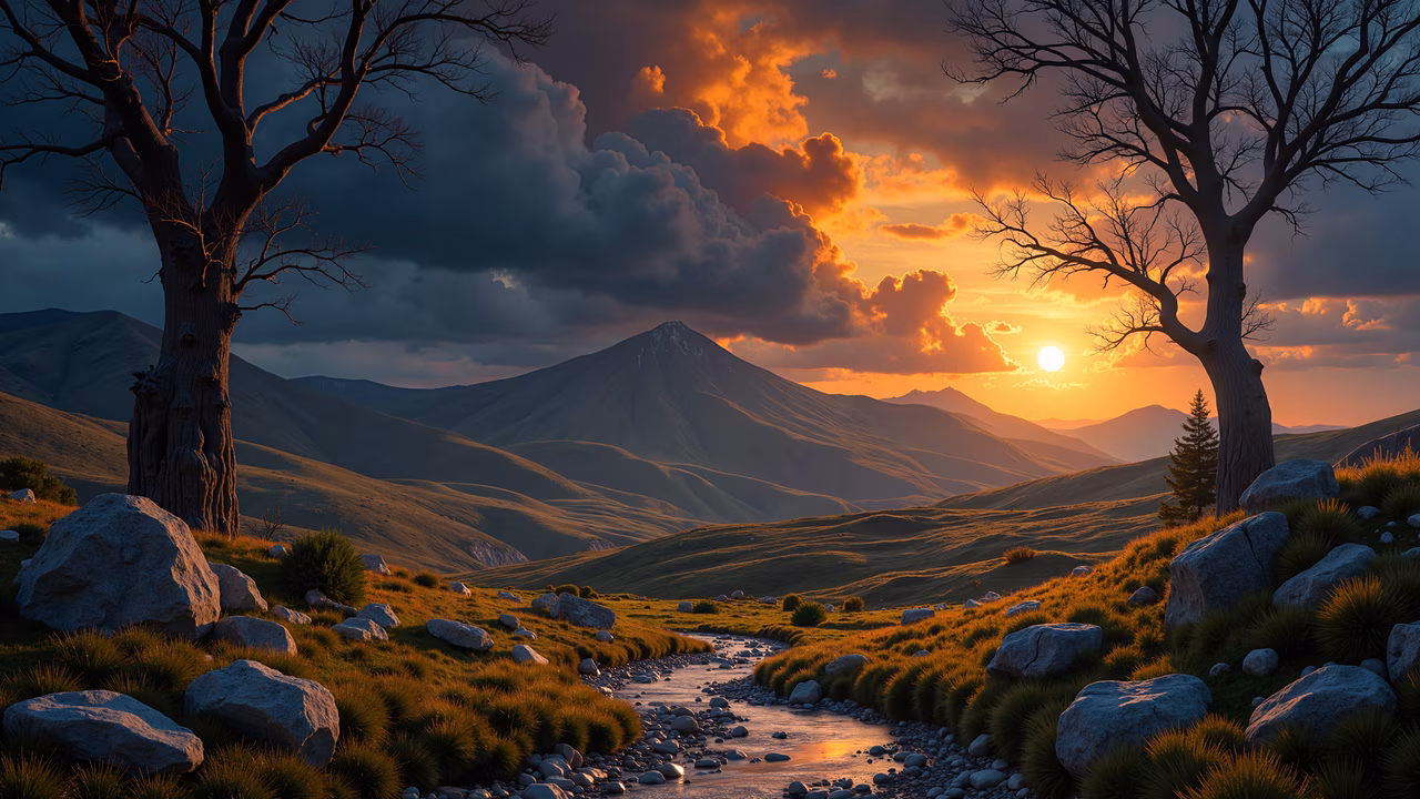 A tranquil sunset landscape with two bare trees, a winding river, and rolling hills, capturing the beauty of nature.