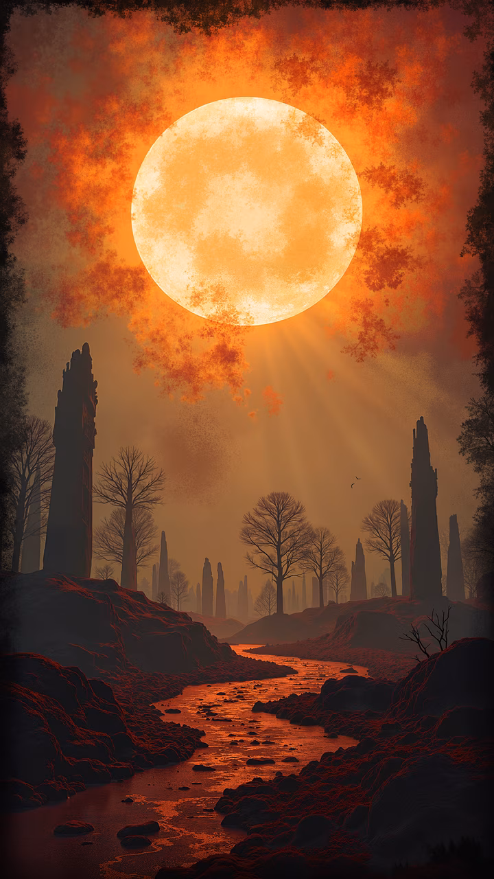 A mystical sunset landscape with a glowing sun, dark trees, and towering rock formations.