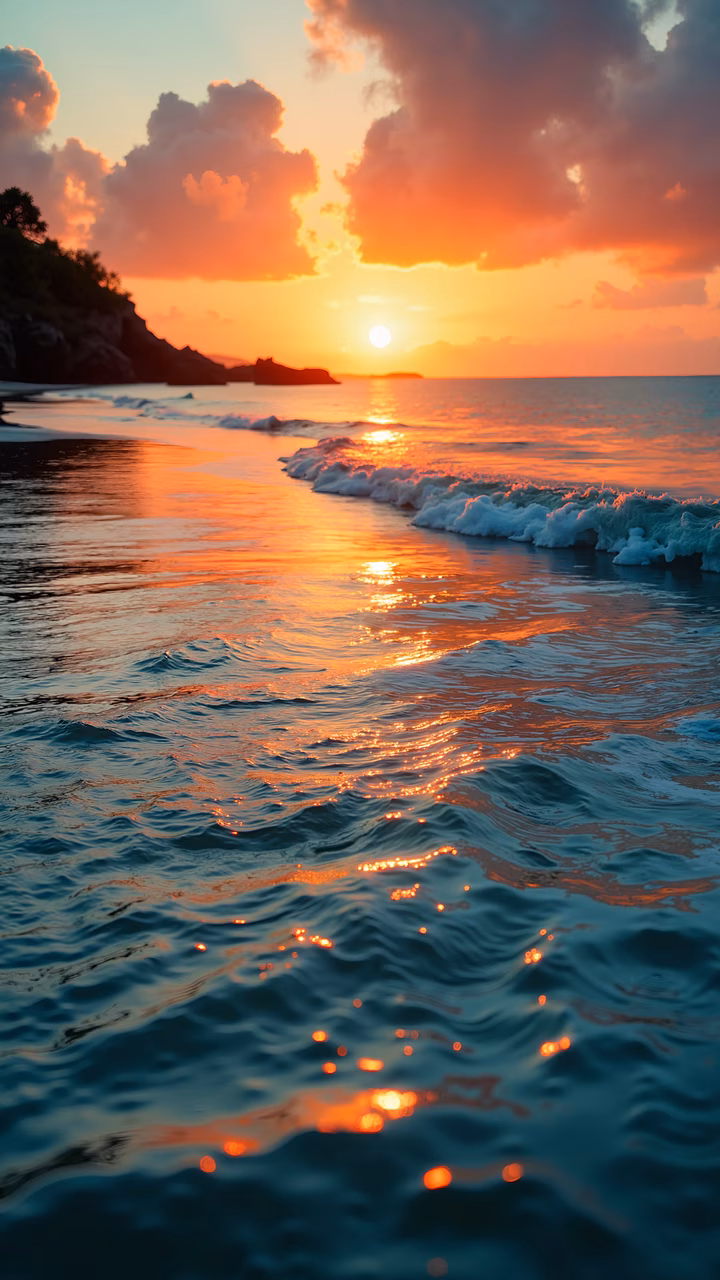 Vibrant sunset over the ocean, serene beauty, tranquil scene, peaceful atmosphere