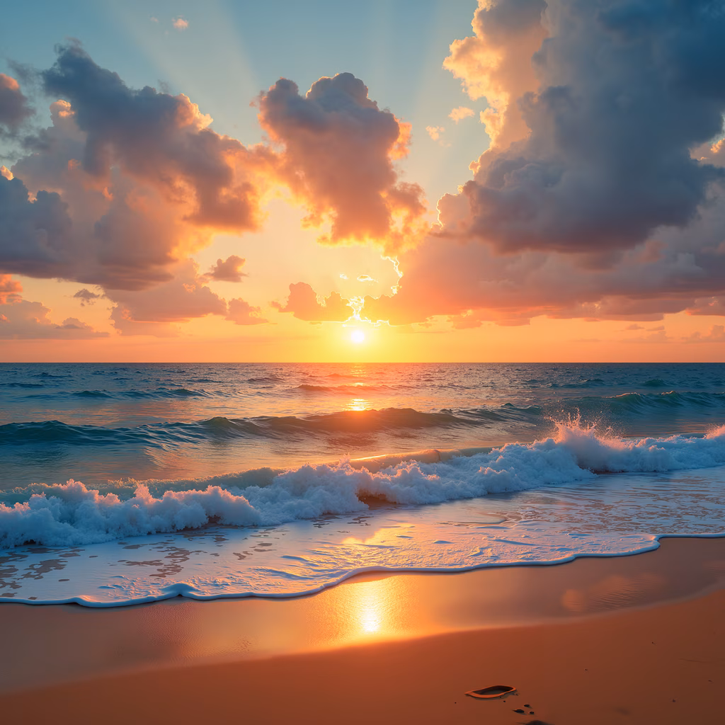 A peaceful sunset over the ocean with waves crashing on the shore, featuring vibrant colors and a serene atmosphere.