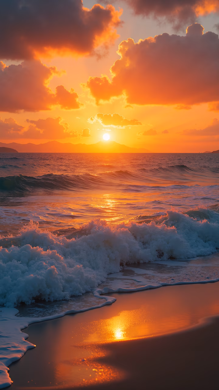 A stunning sunset over the ocean with crashing waves, capturing the vibrant colors and serene atmosphere.
