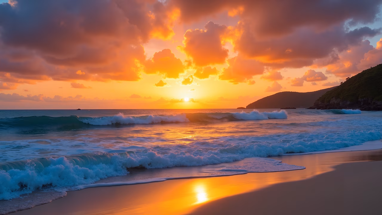 A stunning sunset over the ocean with waves crashing on the shore, capturing the natural beauty of the sea at dusk.
