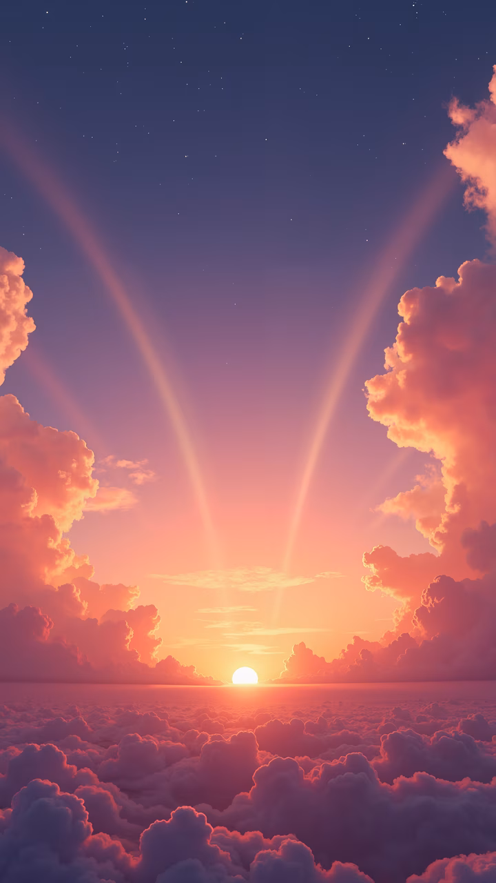 A peaceful sunset scene with soft pink and purple hues, magical rays of light, and a tranquil atmosphere.