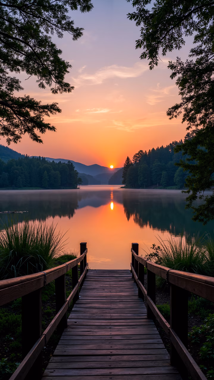 A tranquil sunset scene over a calm lake, framed by lush greenery and a wooden pathway, evoking a sense of peace and reflection.