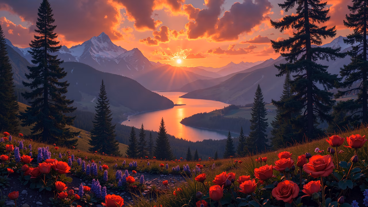 A stunning sunset over a tranquil mountain lake, featuring vibrant red roses and lush greenery.