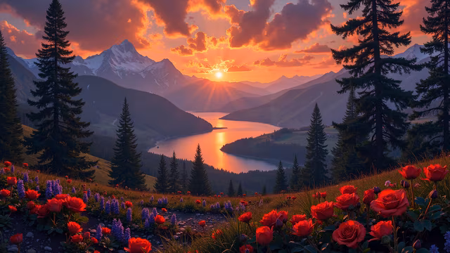 Sunset Over Mountain Lake