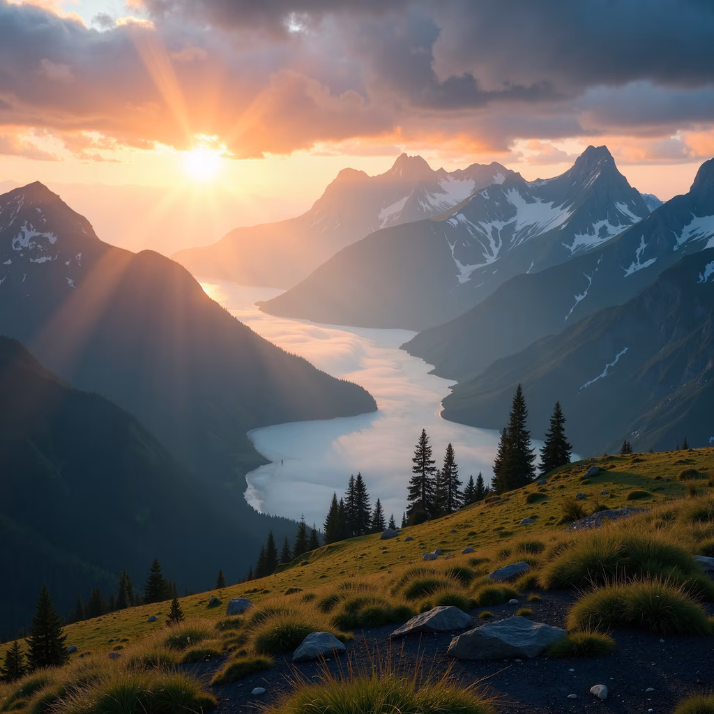 A tranquil sunset over a mountain lake, featuring snow-capped peaks and lush greenery.
