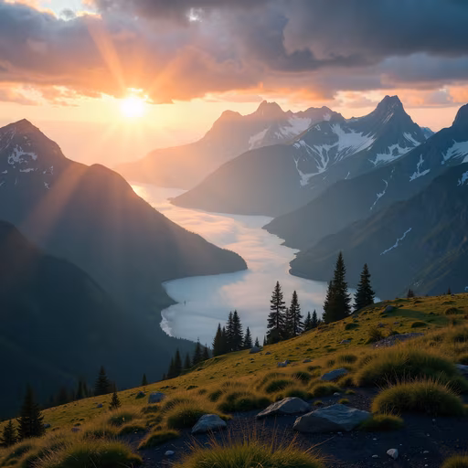 Sunset Over Mountain Lake