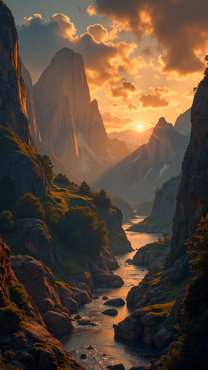 A stunning sunset over a mountain river, featuring towering cliffs and lush greenery in a tranquil landscape.