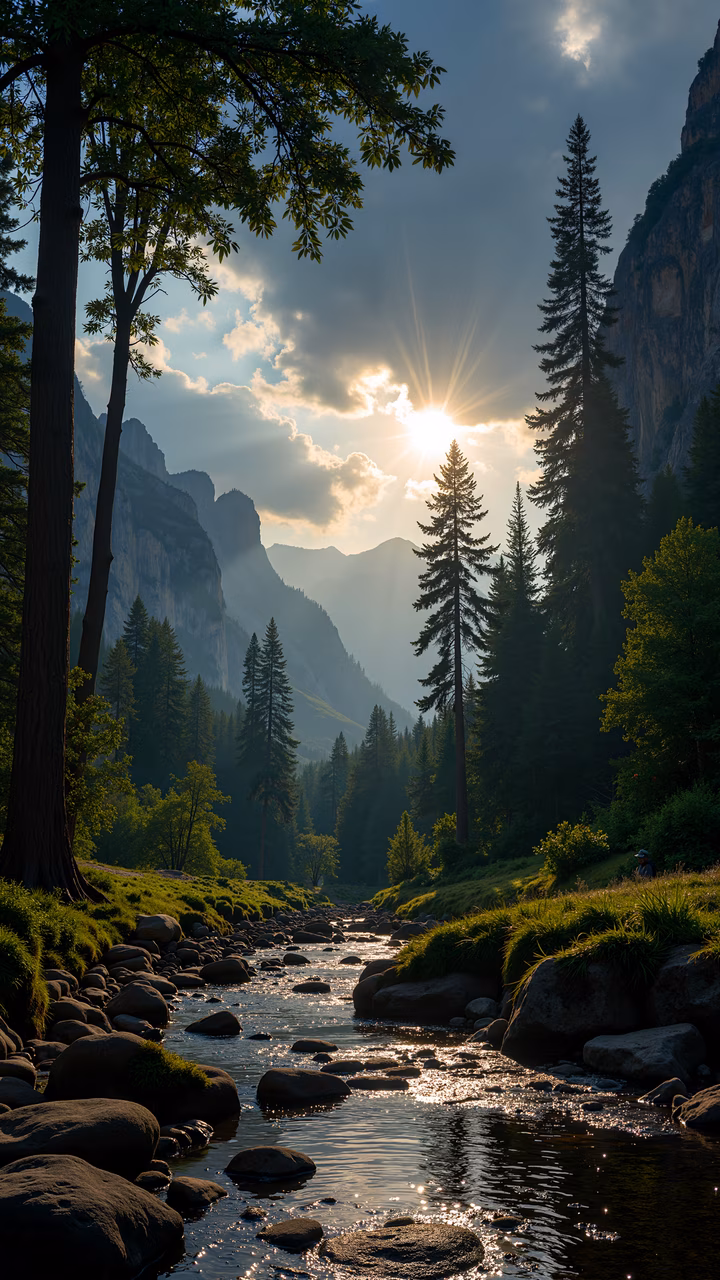 A peaceful sunset over a mountain stream surrounded by a dense forest, capturing the beauty of nature in its golden hour.