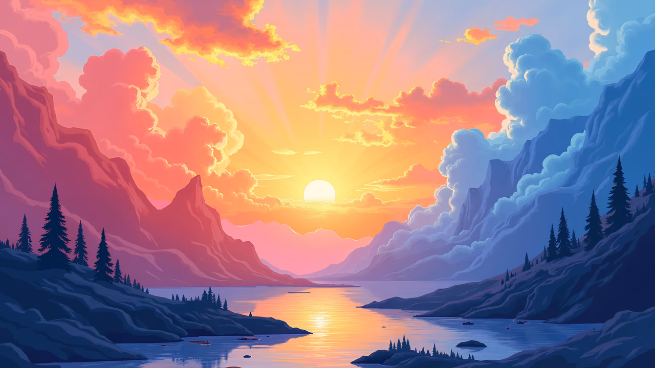 A tranquil sunset over towering mountains, featuring vibrant colors and serene reflections.