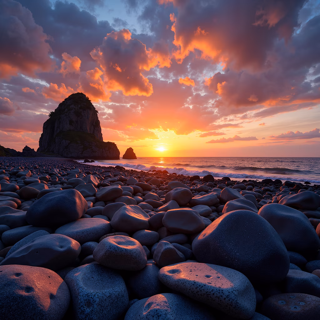 A stunning sunset over a rocky beach with smooth stones and a dramatic rock formation in the background.