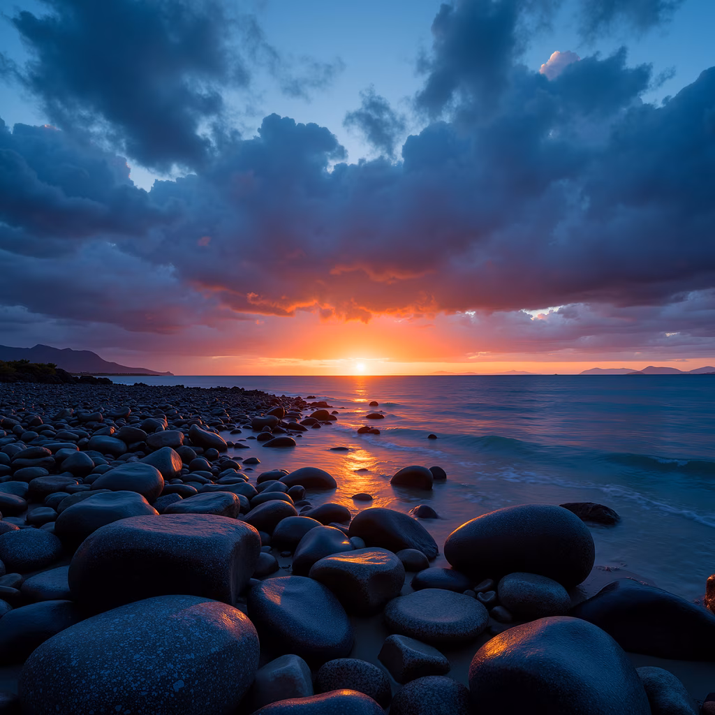 A breathtaking sunset over a rocky beach, featuring vibrant colors and serene natural beauty.