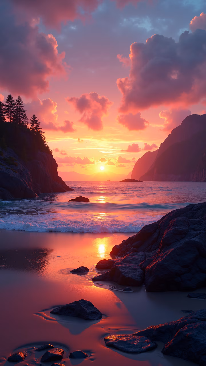 A tranquil sunset over a rocky coastline with vibrant colors and contrasting silhouettes.