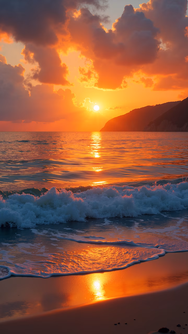 A stunning sunset over the sea, featuring vibrant orange and red hues, gentle waves, and a serene atmosphere.