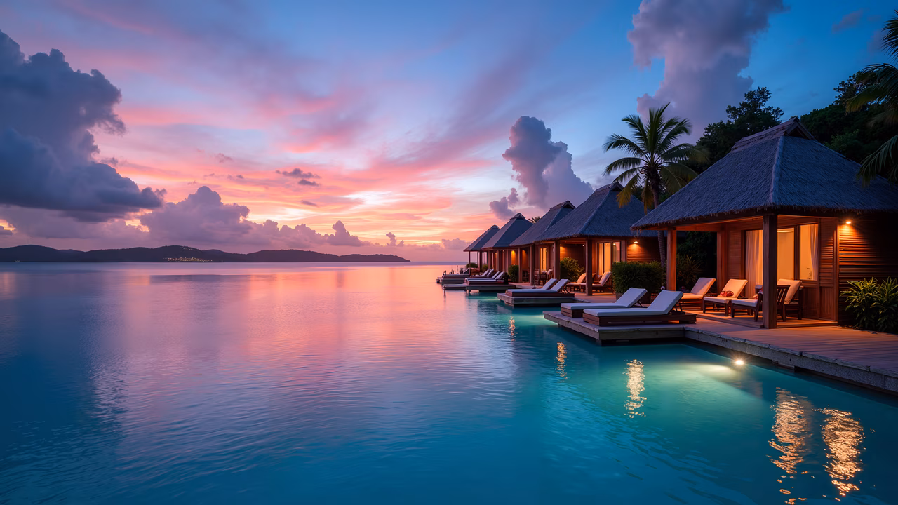Sunset, overwater bungalows, tropical, luxury, travel, relaxation