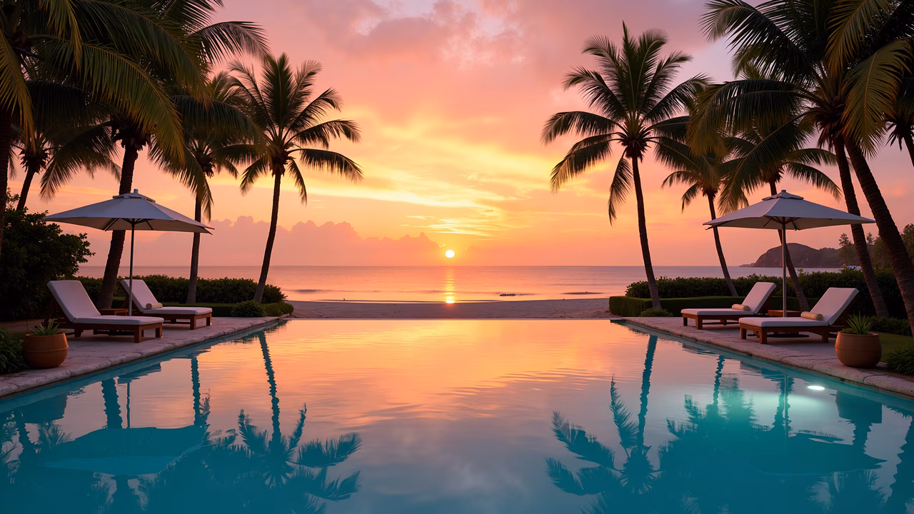 Serene sunset scene with tranquil pool and palm trees, perfect for relaxation and luxury.