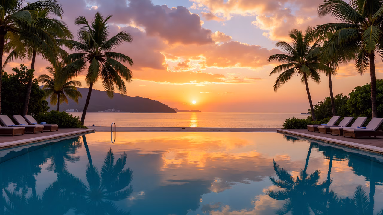 A tranquil sunset scene with a reflective pool and palm trees, capturing the beauty of nature in a serene landscape.
