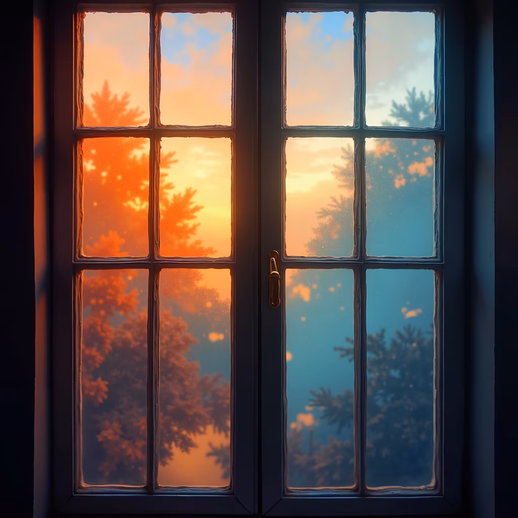 A peaceful sunset scene viewed through a window with contrasting warm and cool tones, featuring tree silhouettes and a tranquil atmosphere.