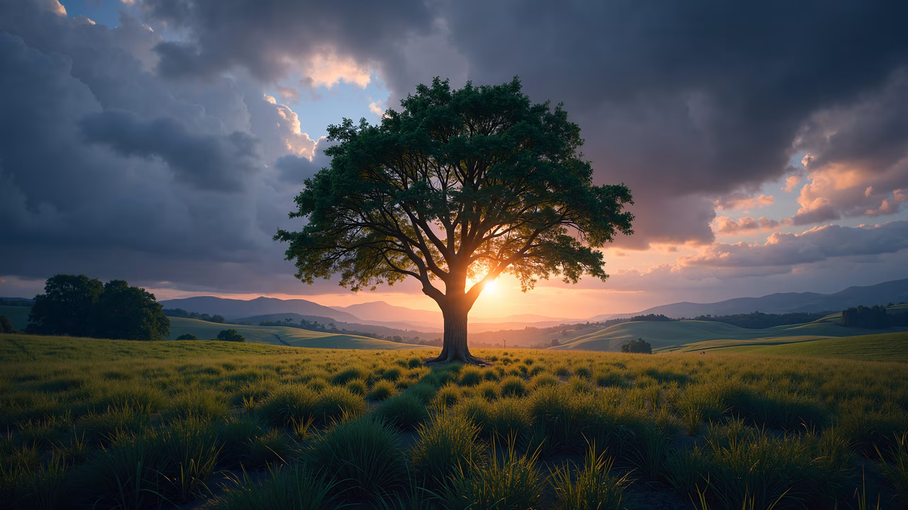 A peaceful sunset with a lone tree in a vibrant green field, surrounded by rolling hills and dramatic clouds.