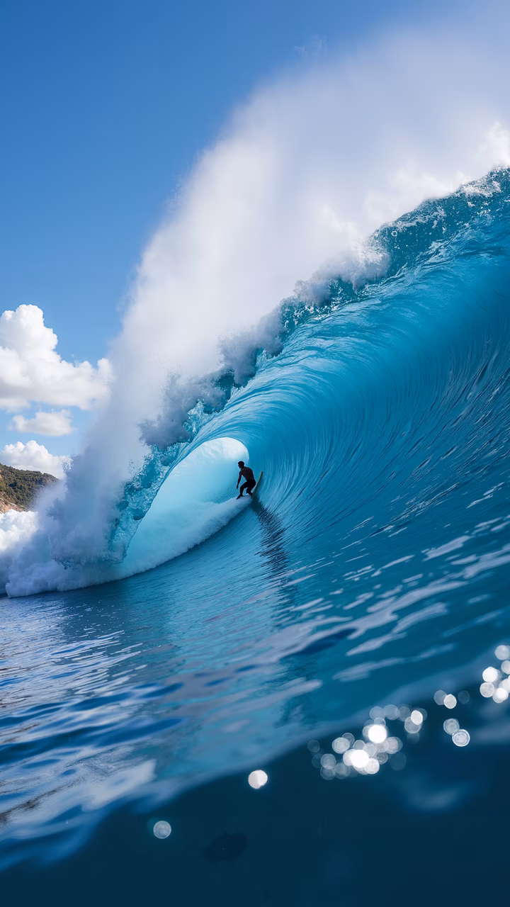 Surfer navigating through the barrel of a large wave, showcasing the thrill of surfing in vivid blue hues.