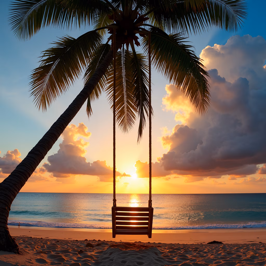 A peaceful sunset scene with a swing hanging from a palm tree on a beach.