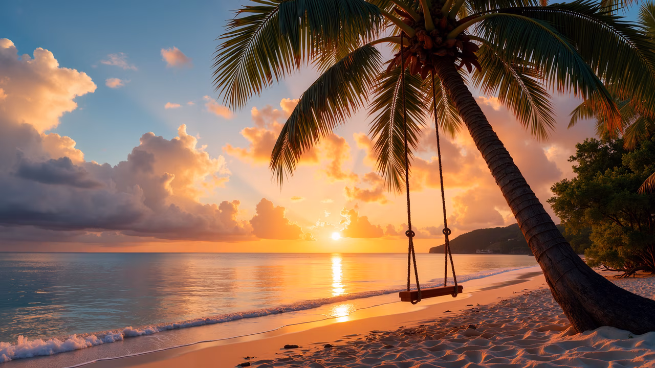 A peaceful sunset scene with a swing on a palm tree, perfect for relaxation and contemplation.