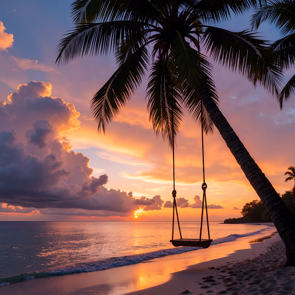 A peaceful sunset scene featuring a swing and palm tree on a beach.