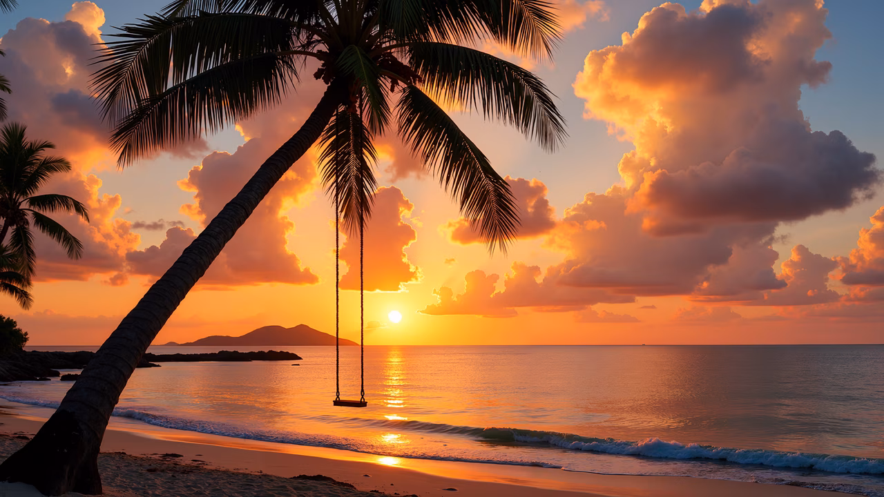 A peaceful sunset with a palm tree and swing overlooking the ocean and islands.