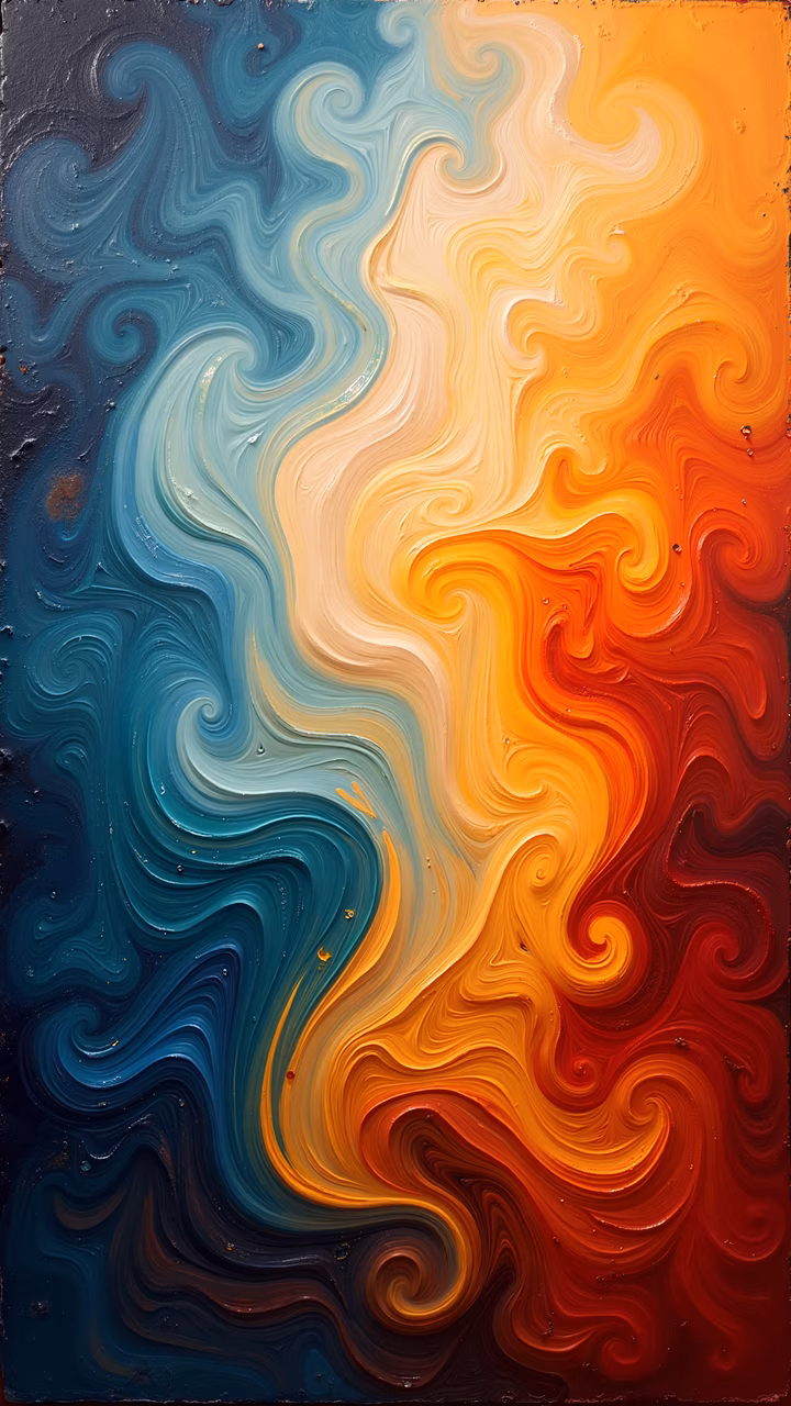 Vibrant abstract painting with swirling patterns and dynamic color blending.