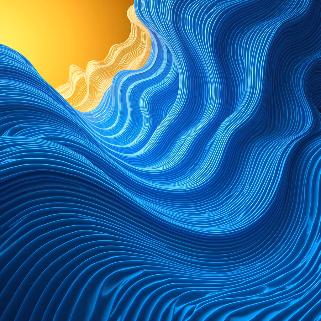 Abstract illustration of swirling waves in blue and yellow tones, dynamic and fluid composition.