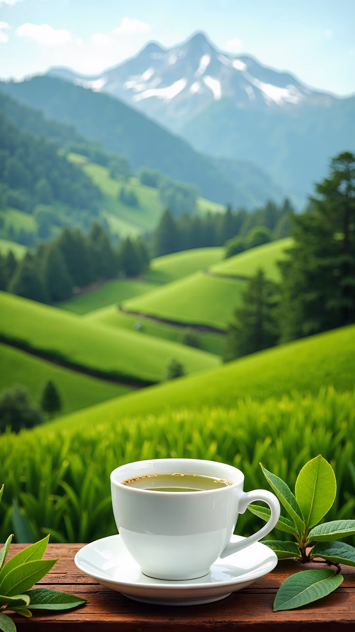 A peaceful tea moment amidst a picturesque green landscape.