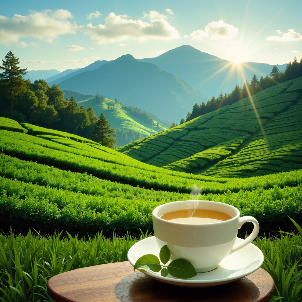 Tea cup, tea fields, mountains, sunny day, serene landscape
