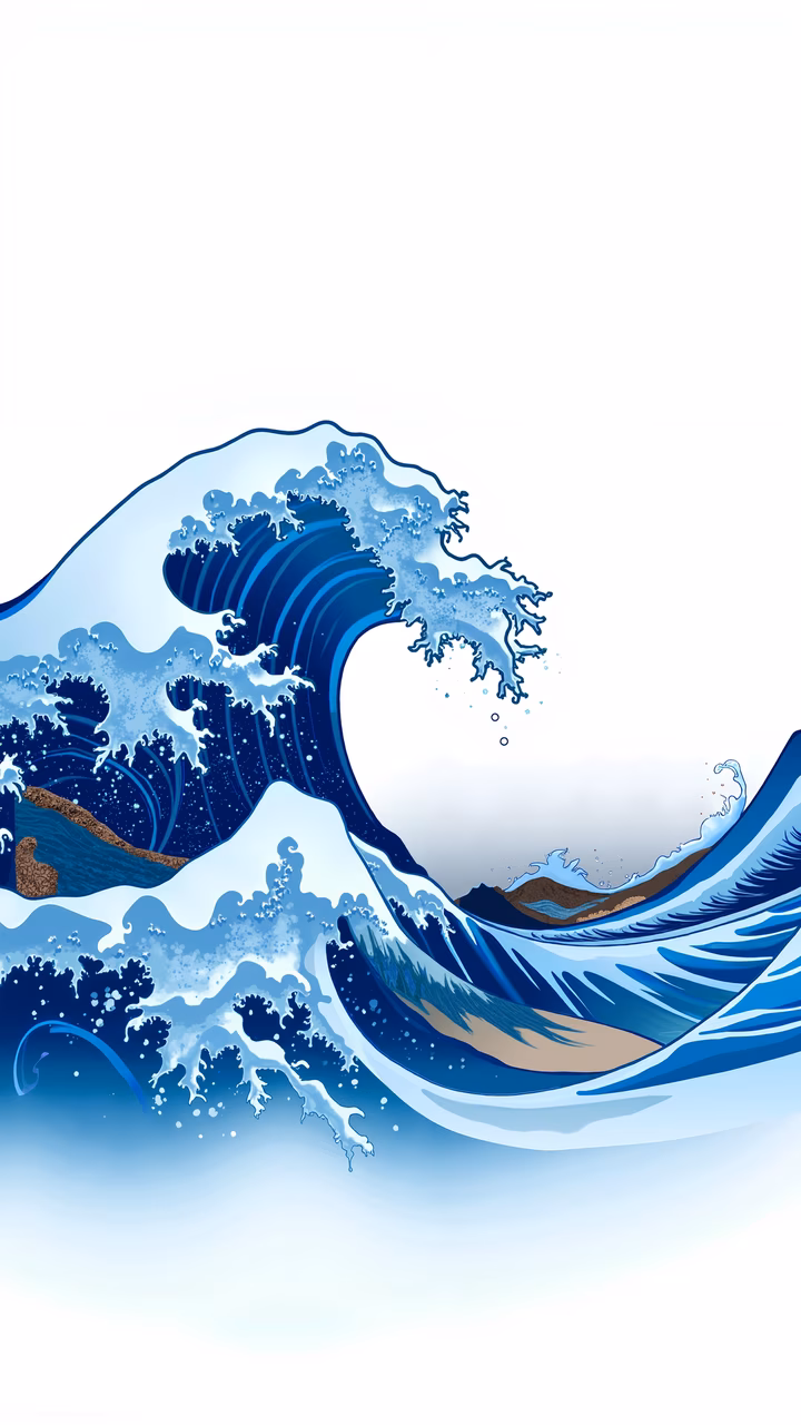 A dramatic blue wave inspired by Hokusai's famous painting, featuring bold lines and vivid colors.