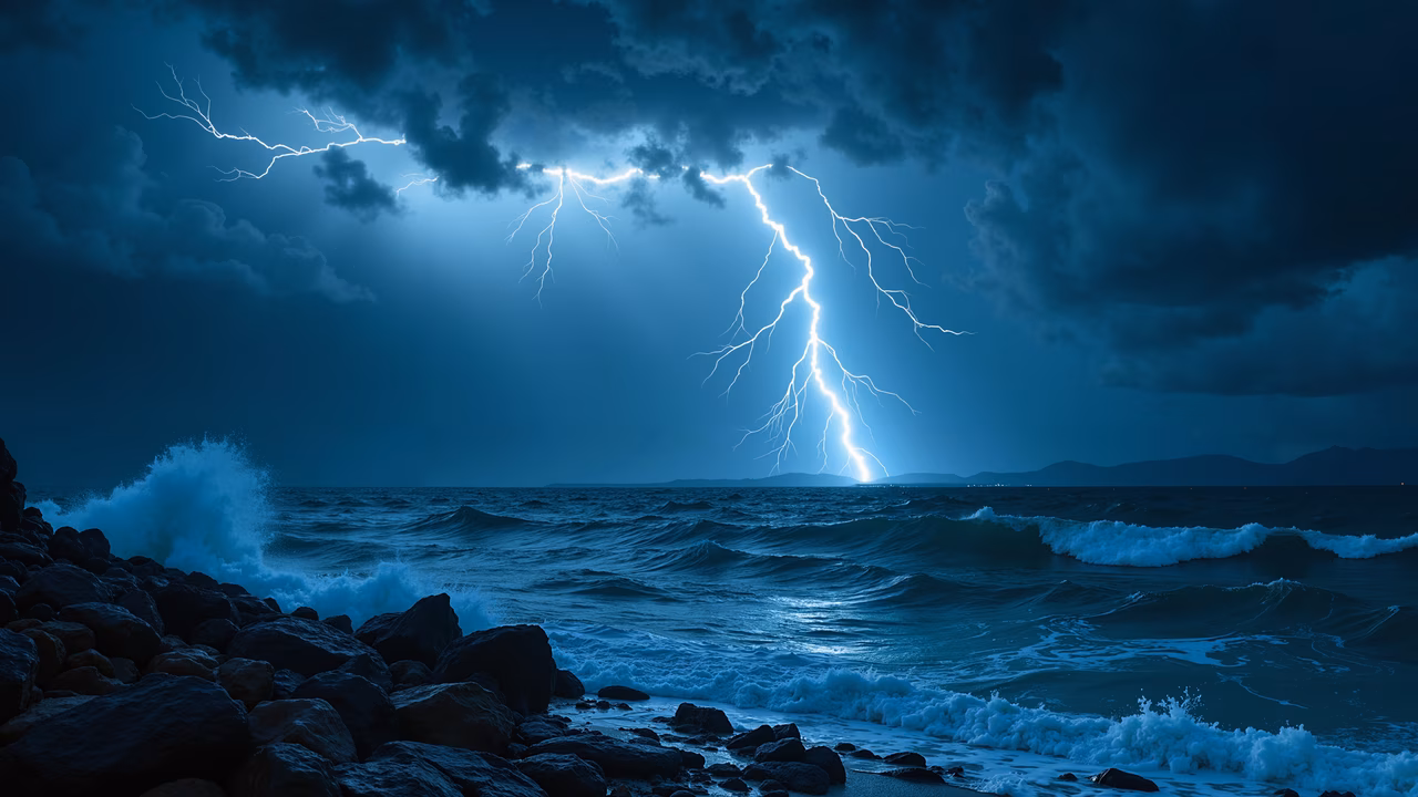 Jagged lightning bolts illuminate the dark blue sky over crashing waves at sea.