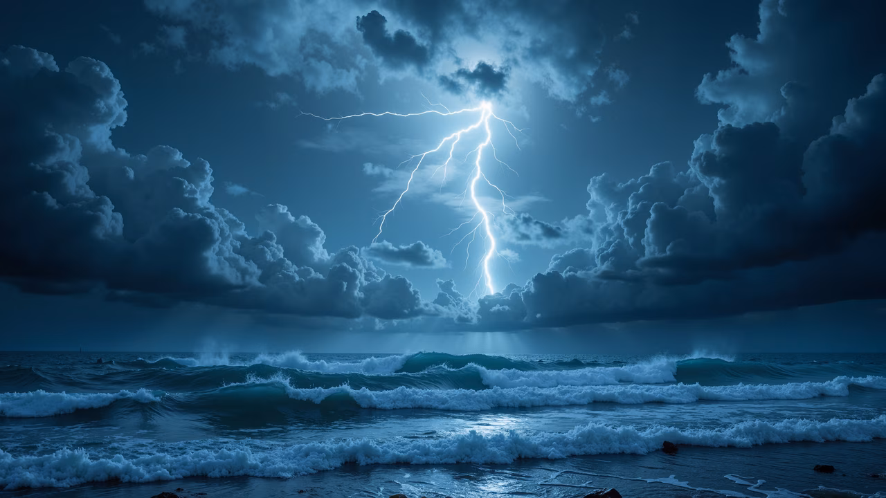 Dramatic thunderstorm at sea with dark clouds and bright lightning bolt, creating an awe-inspiring natural beauty.