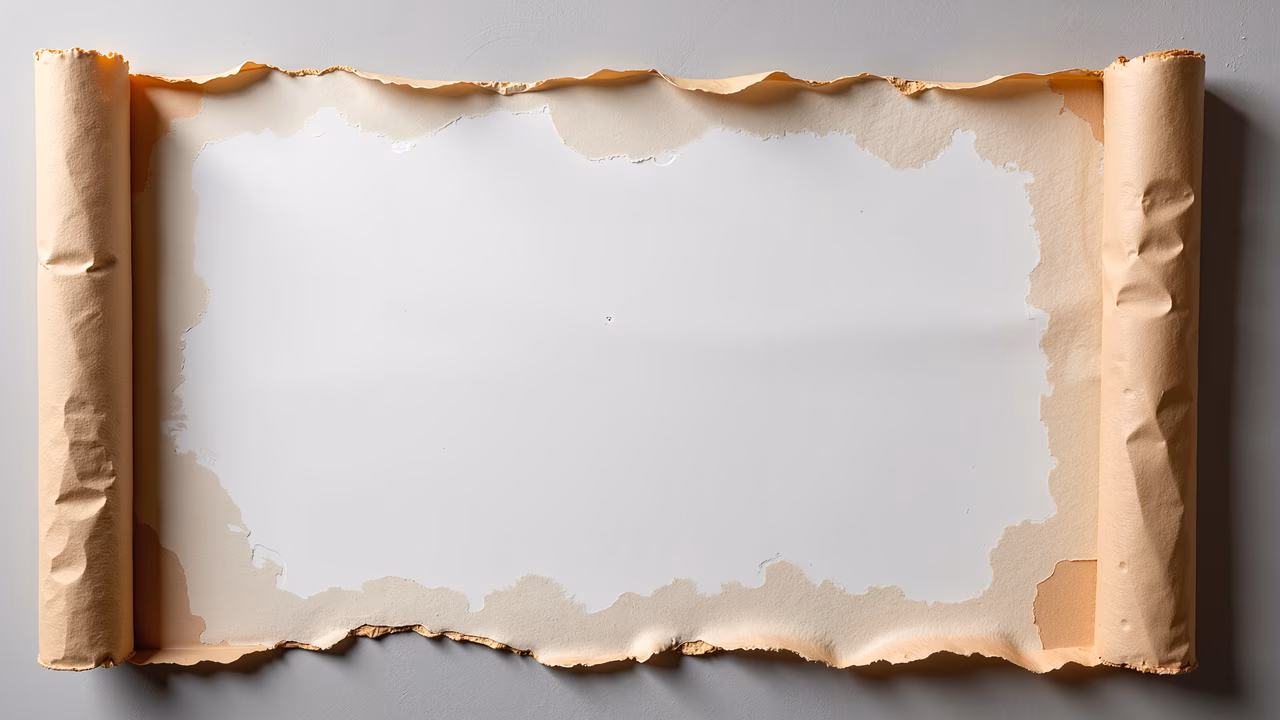 A torn paper scroll with aged edges and a clean white center, highlighting its texture and wear.